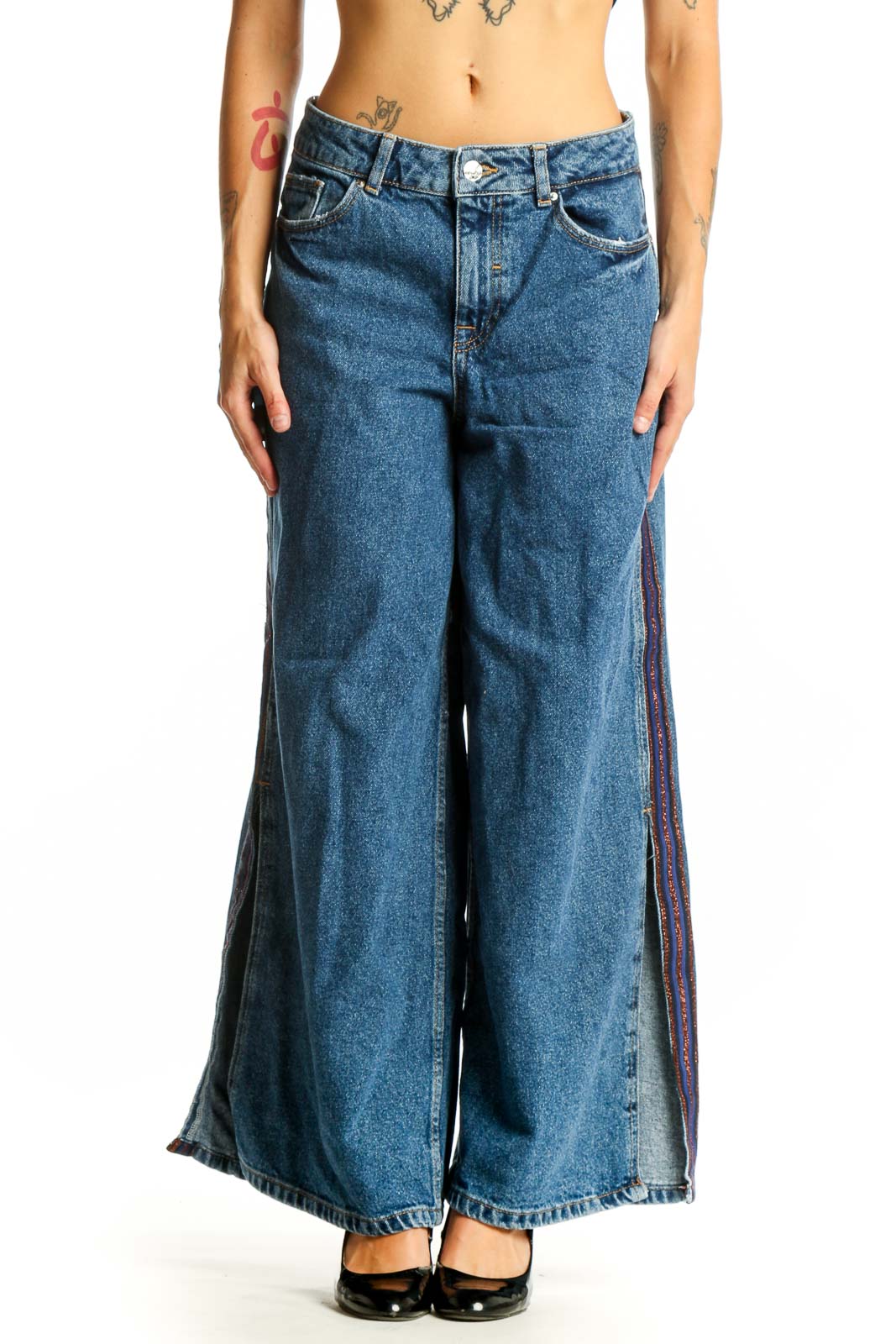 Front view of Zara Basic blue wide-leg denim jeans with colorful side stripes