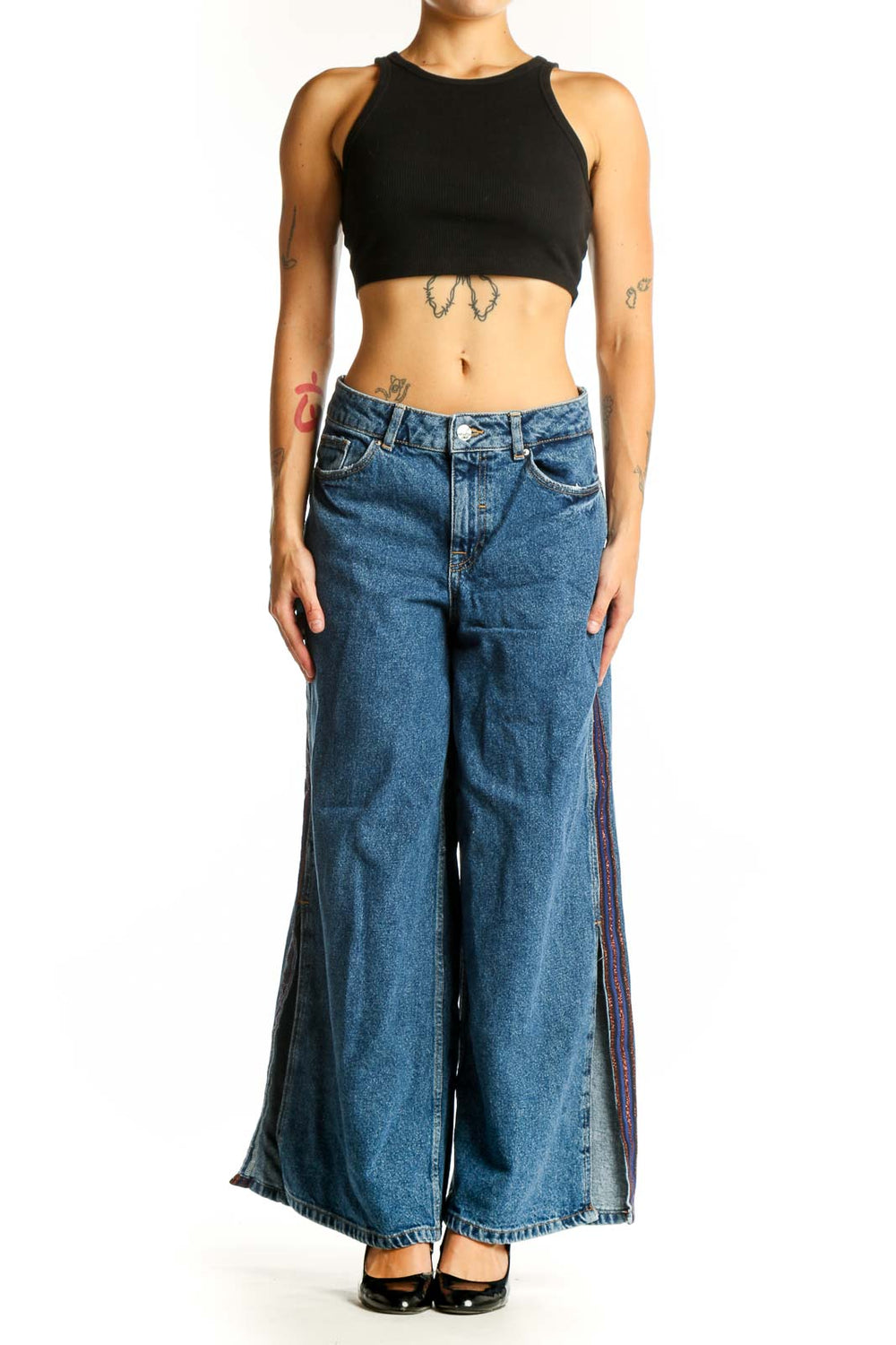 Front view of Zara Basic blue wide-leg denim jeans with colorful side stripes