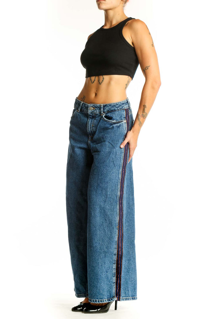 Front view of Zara Basic blue wide-leg denim jeans with colorful side stripes