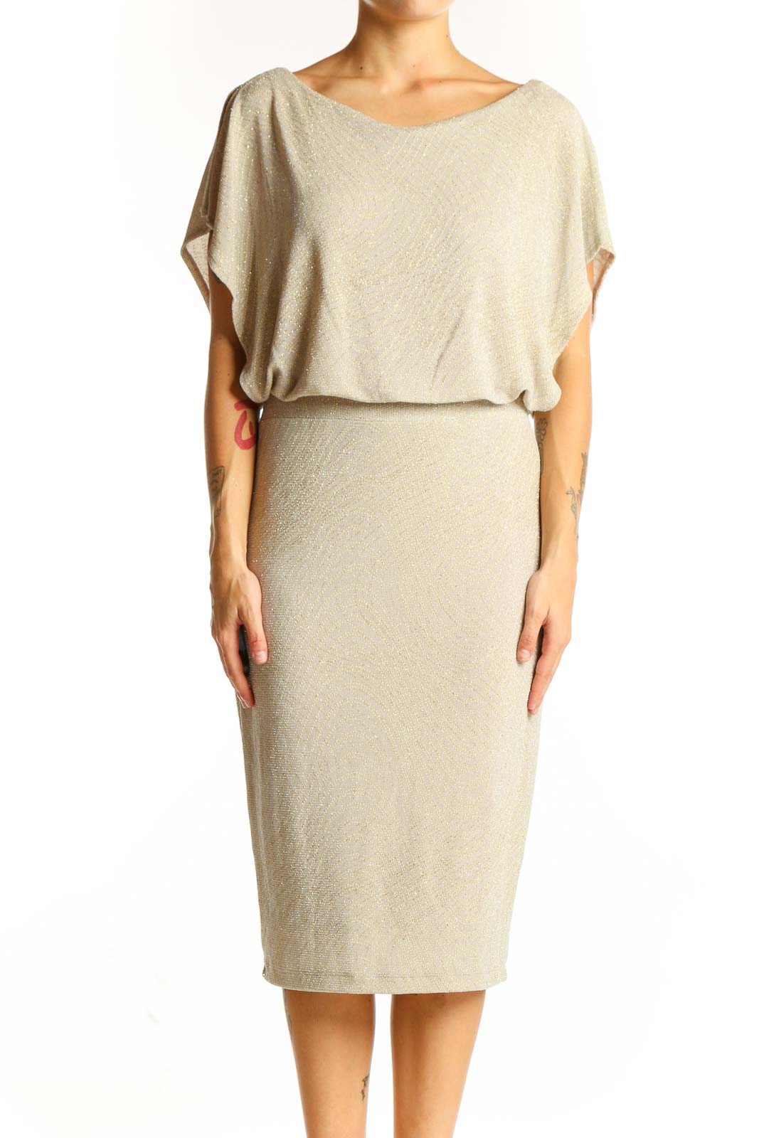 Front view of Sangria beige metallic blouson midi dress with boat neckline