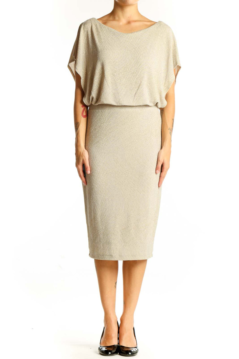 Front view of Sangria beige metallic blouson midi dress with boat neckline