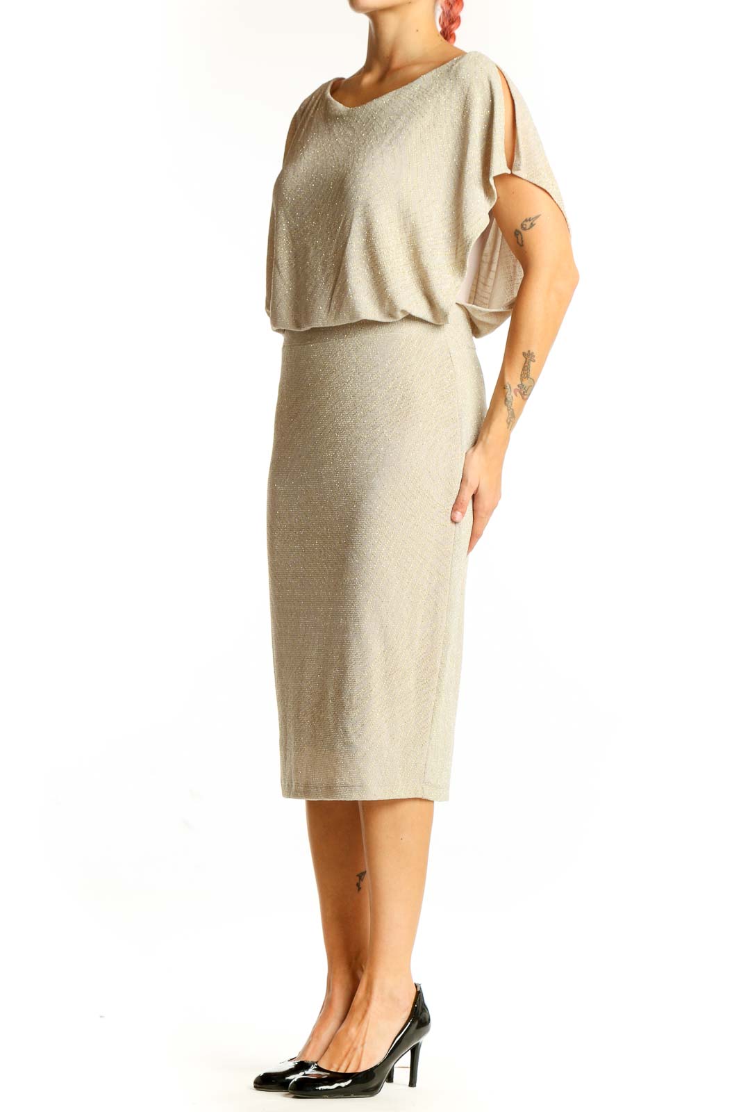 Front view of Sangria beige metallic blouson midi dress with boat neckline