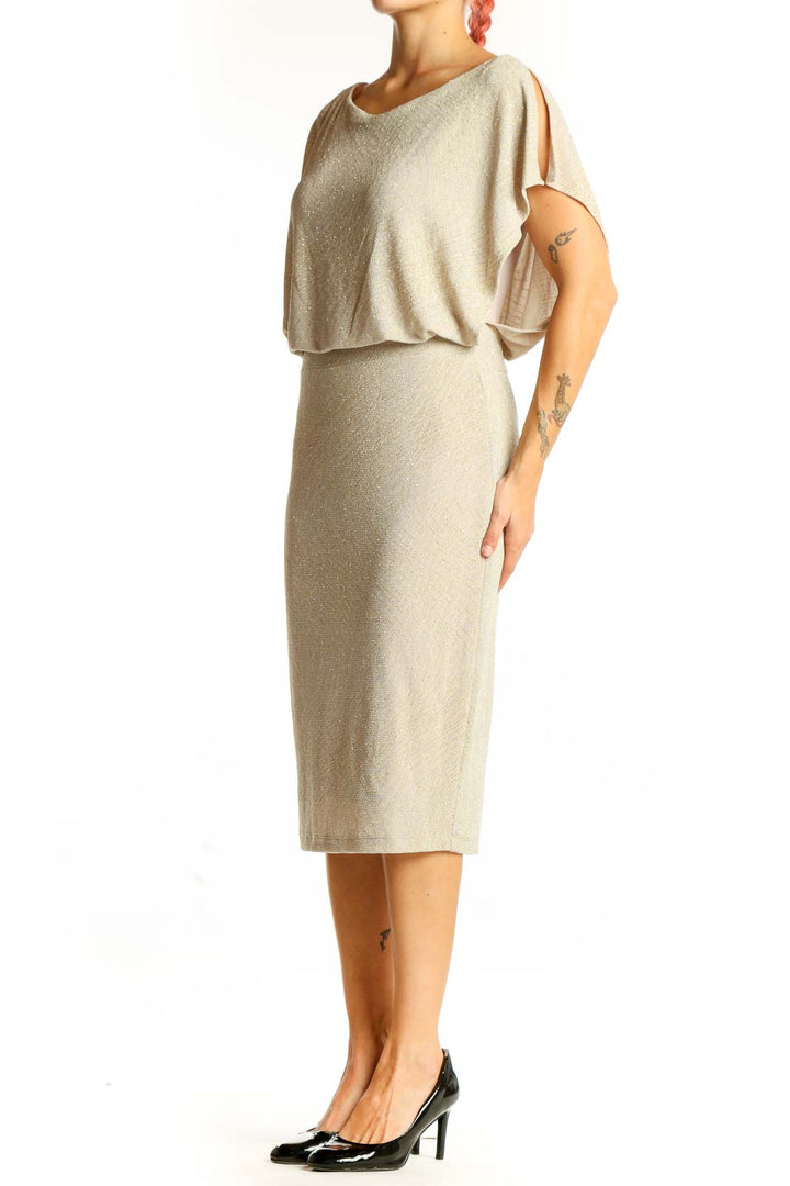 Front view of Sangria beige metallic blouson midi dress with boat neckline
