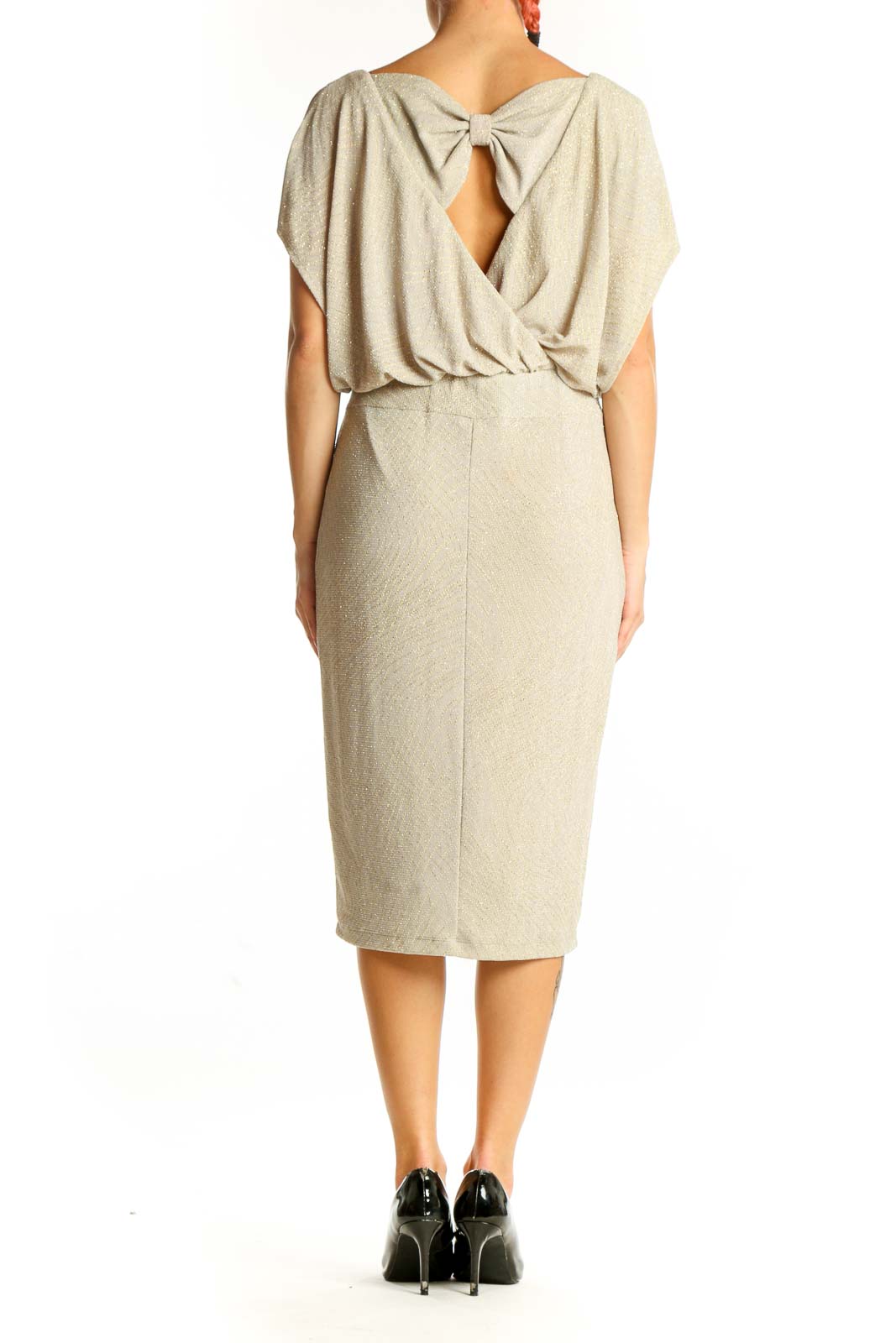 Side view of Sangria beige metallic blouson midi dress showing fitted skirt