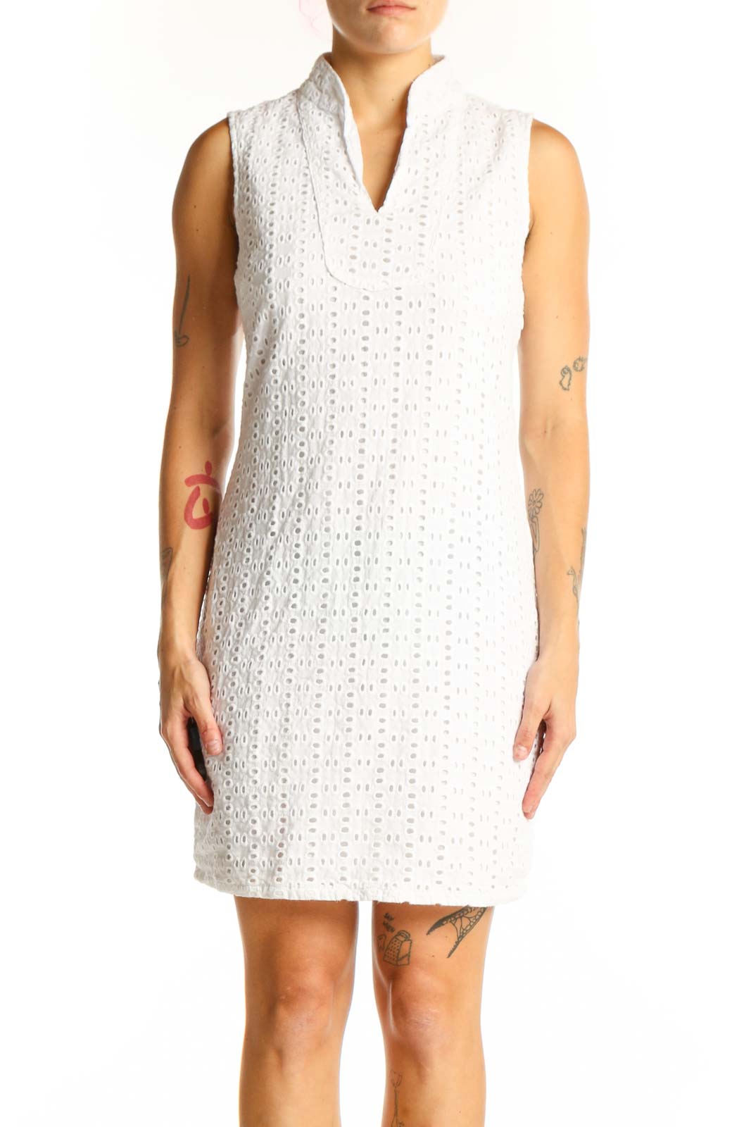 Front view of Cynthia Rowley white eyelet cotton sleeveless dress
