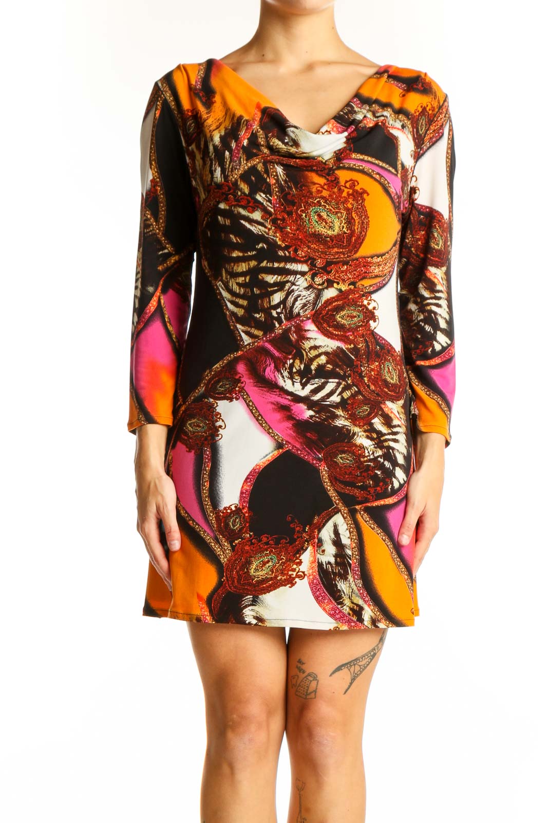 Front view of Eva Varro orange multicolor abstract print dress