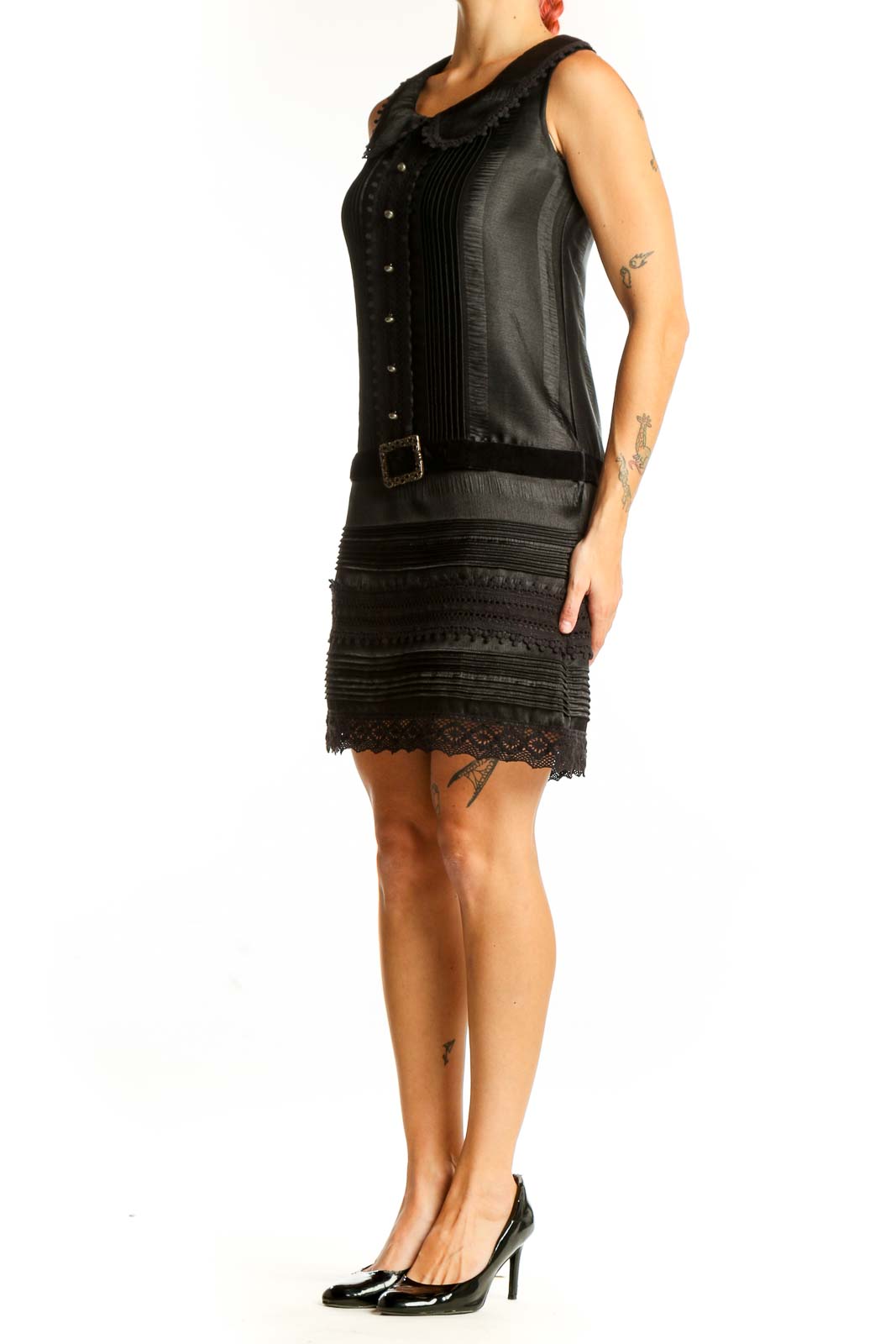 Front view of Anna Sui black vintage-inspired dress with lace trim and pintuck details