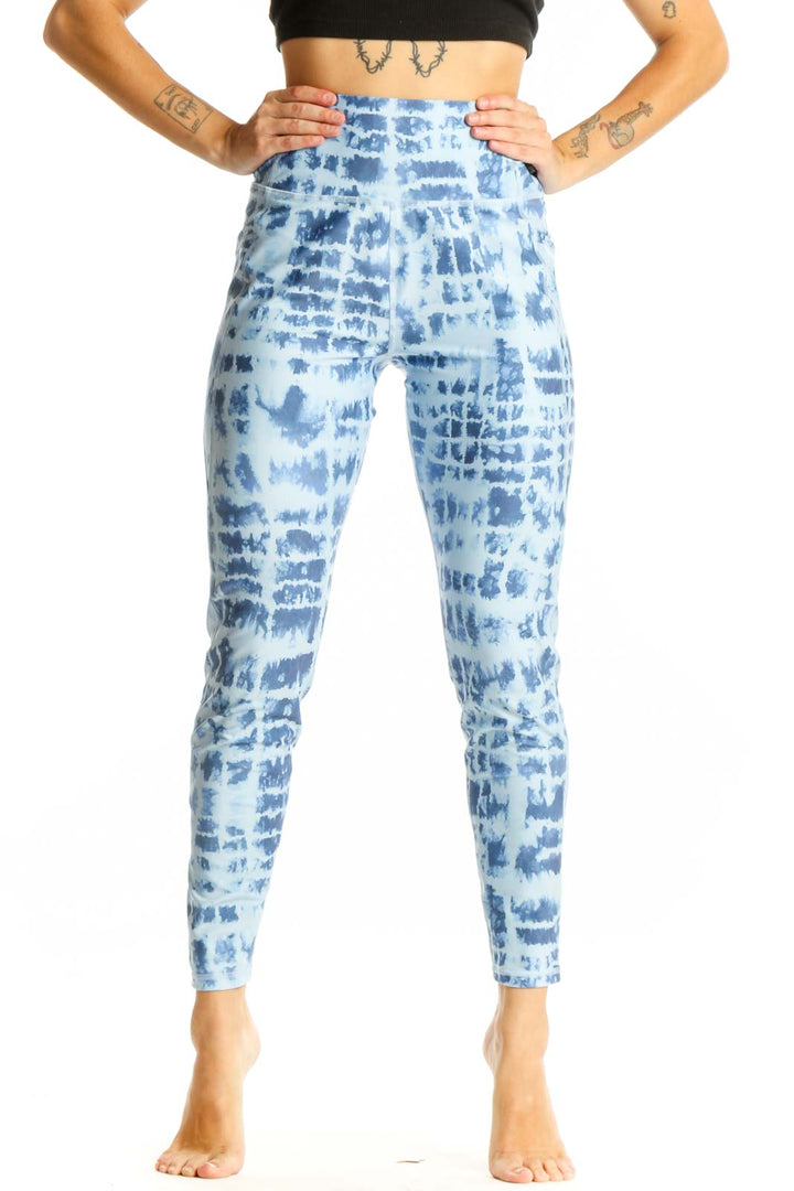 Front view of blue tie-dye high-waisted activewear leggings