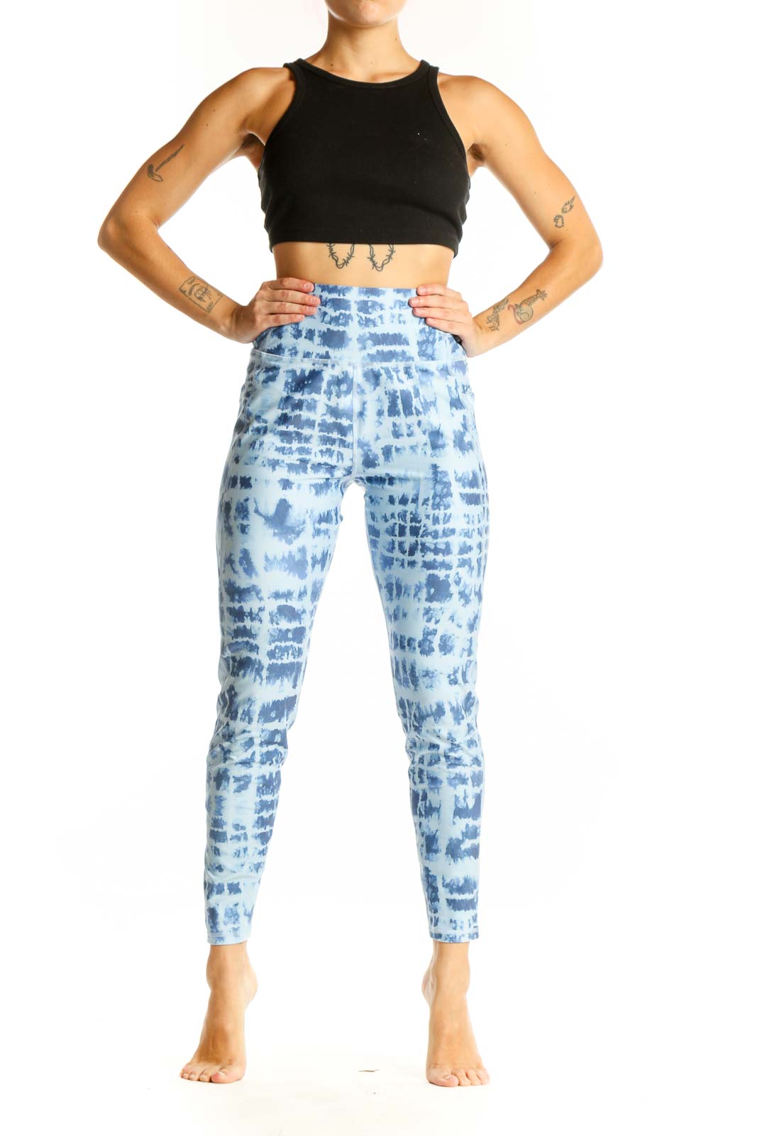 Front view of blue tie-dye high-waisted activewear leggings