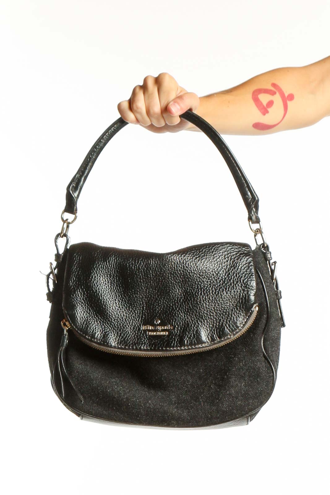 Front view of Kate Spade black leather and suede crossbody bag