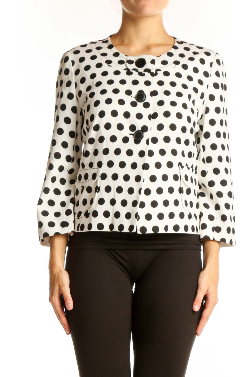Front view of white Talbots jacket with black polka dots