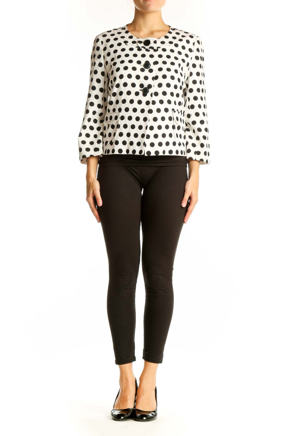 Front view of white Talbots jacket with black polka dots