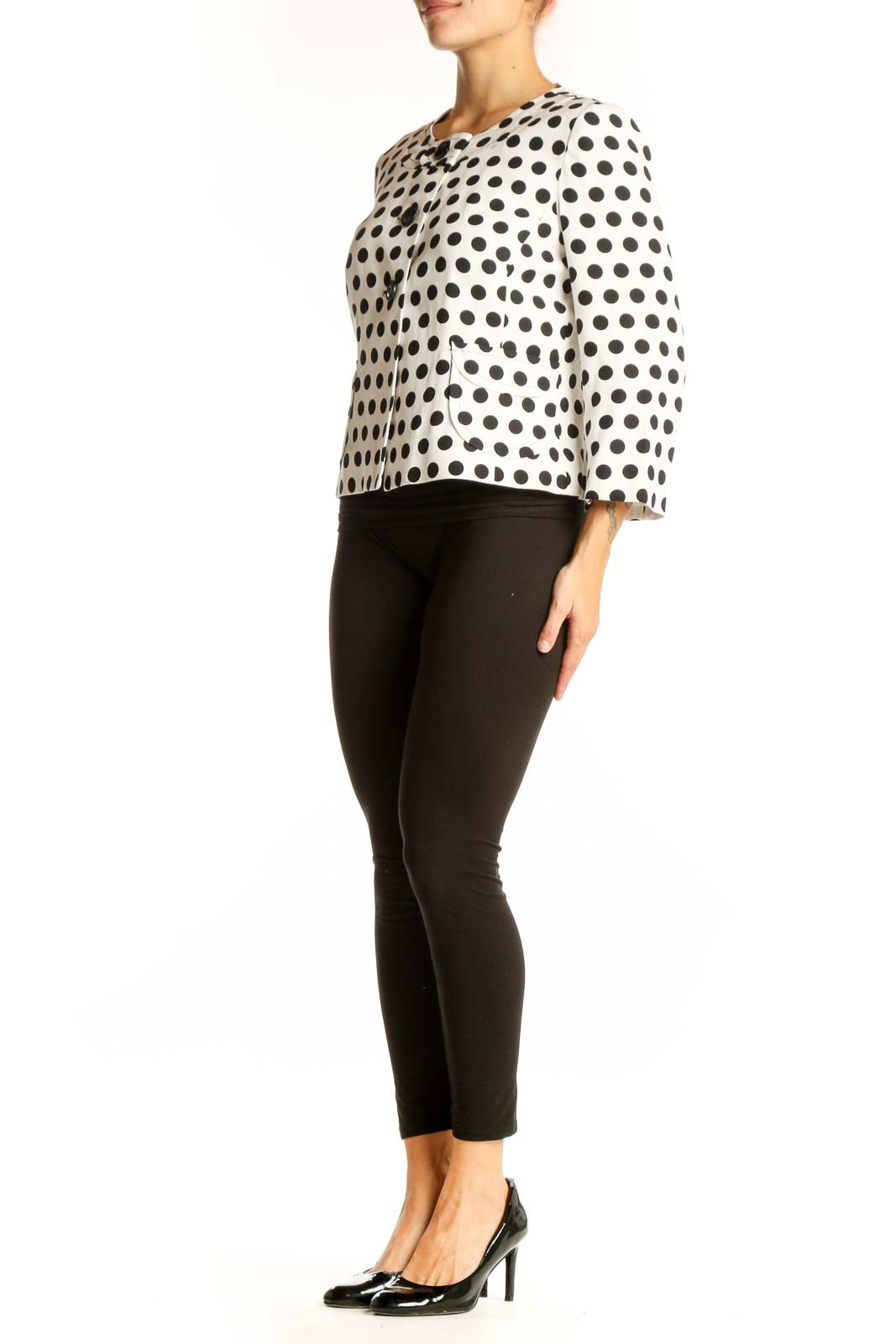 Front view of white Talbots jacket with black polka dots