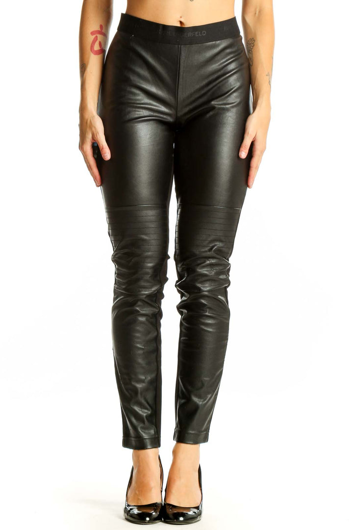 Front view of Karl Lagerfeld black faux leather slim-fit pants