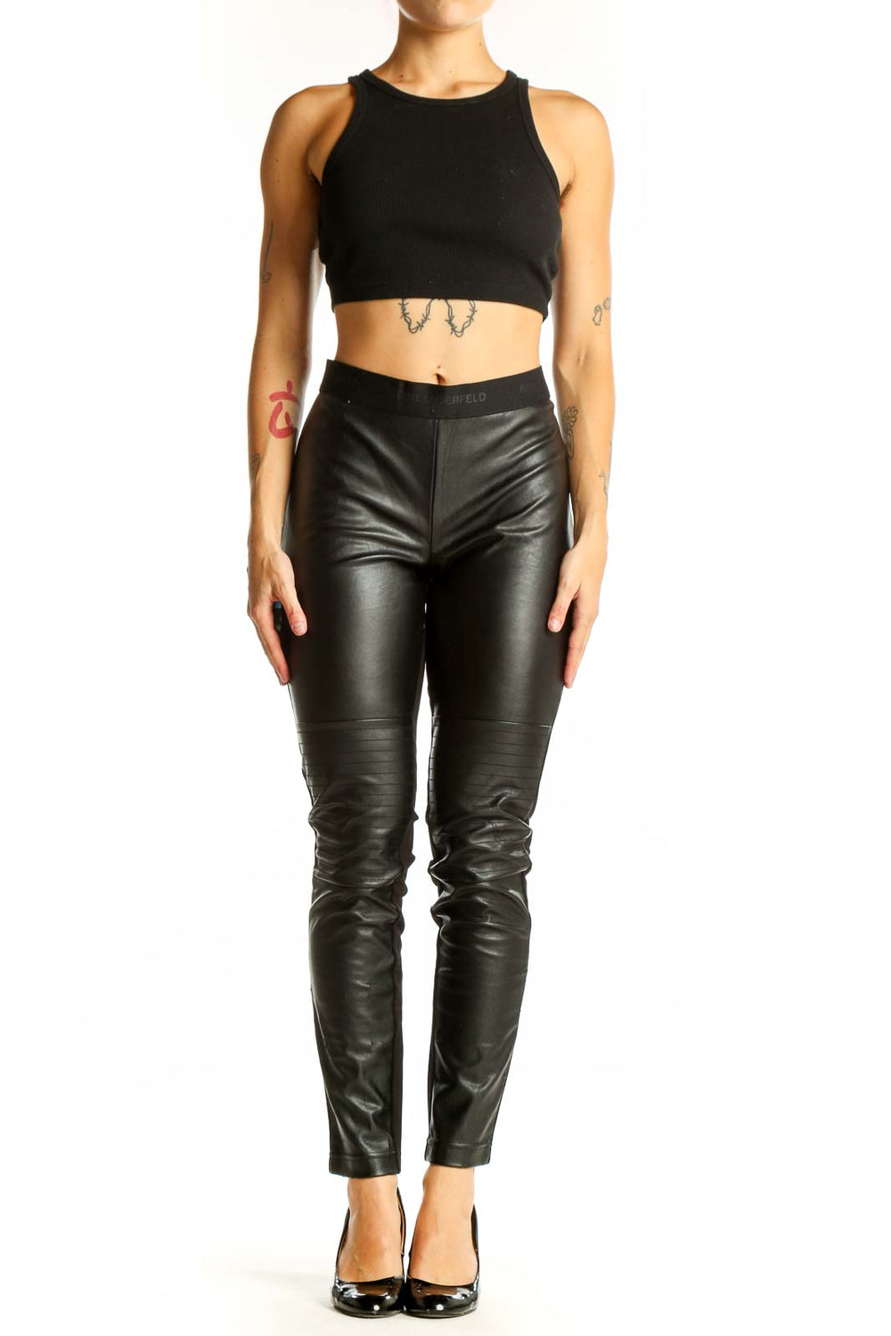 Front view of Karl Lagerfeld black faux leather slim-fit pants