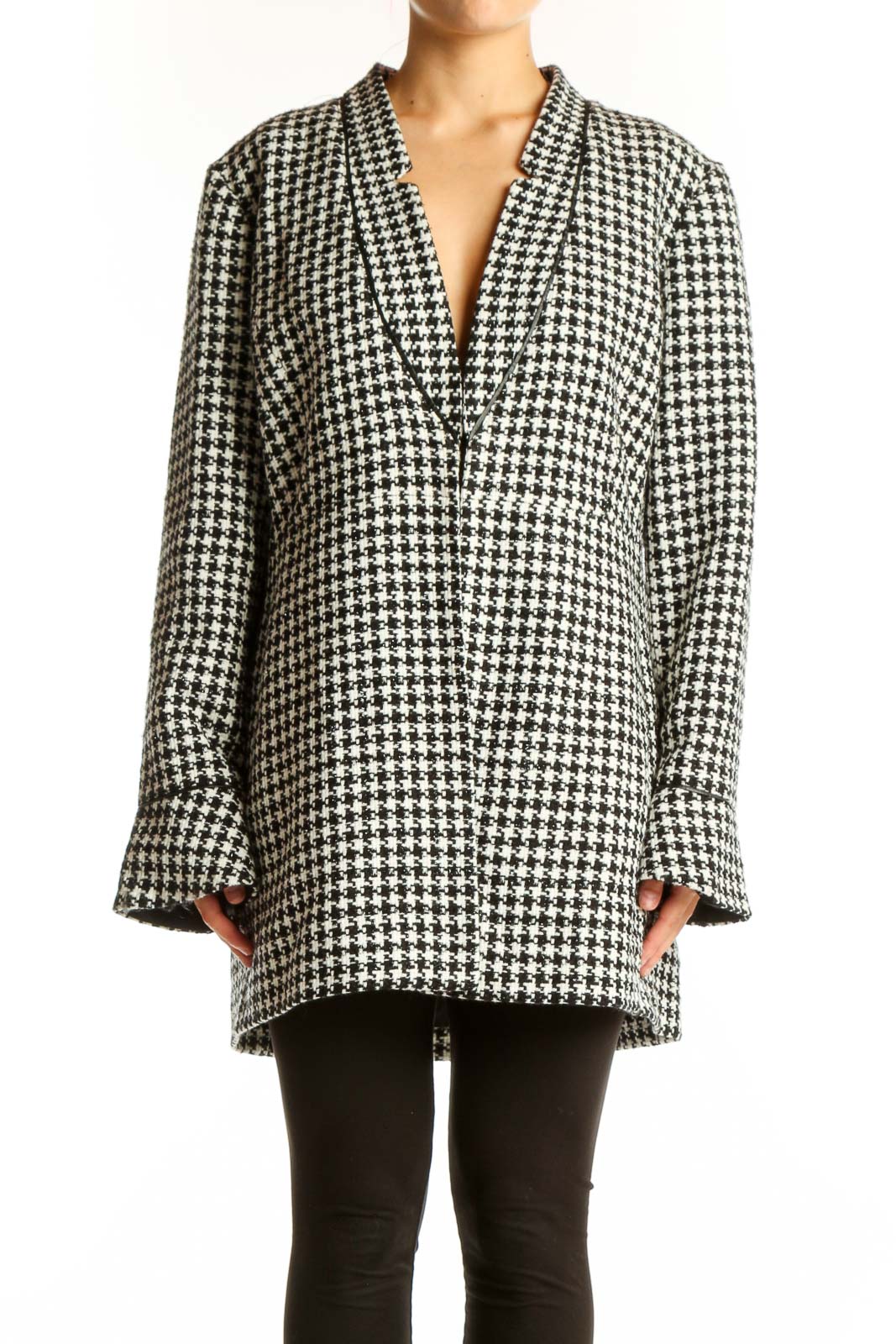 Front view of The Limited black and white houndstooth oversized jacket