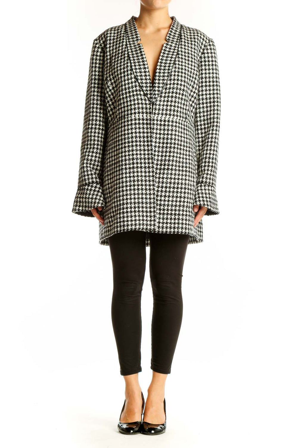Front view of The Limited black and white houndstooth oversized jacket