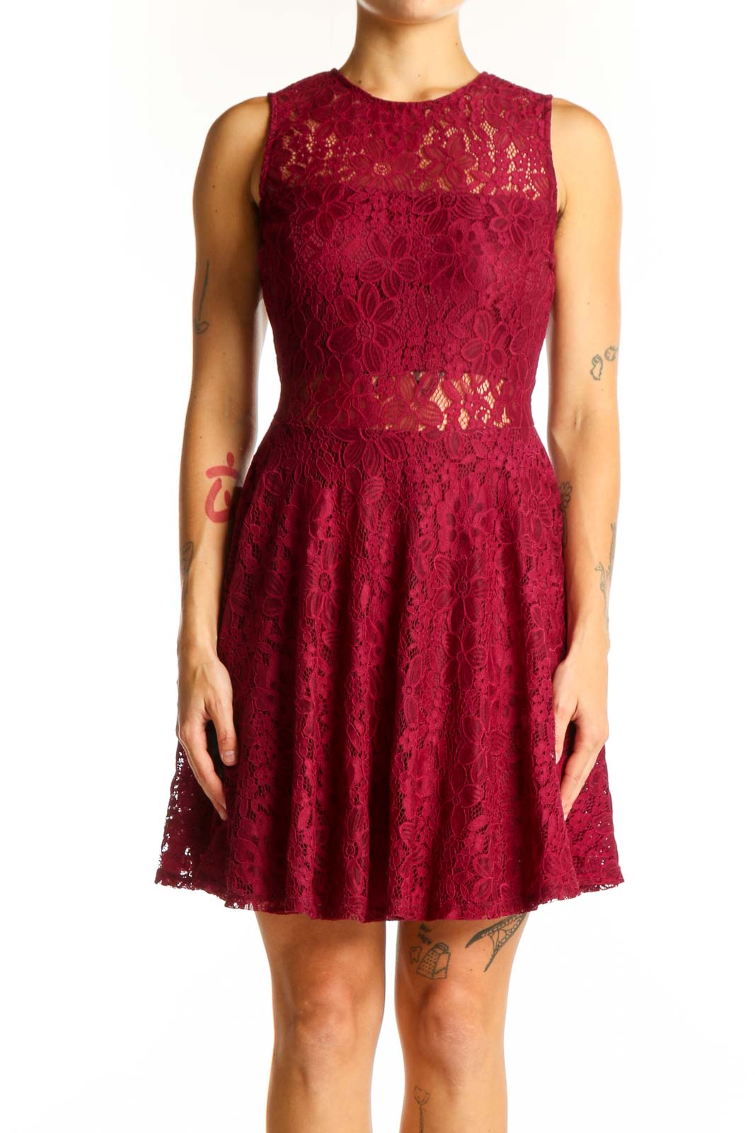 Front view of J.Crew burgundy lace sleeveless cocktail dress with A-line silhouette
