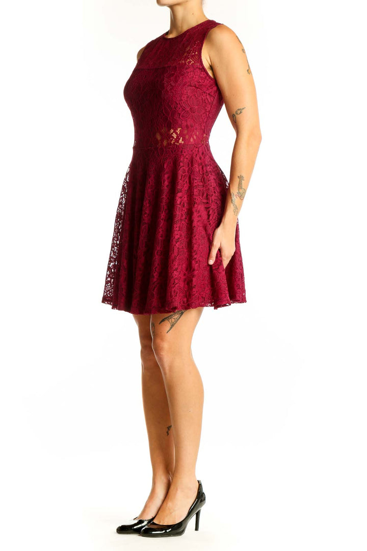 Front view of J.Crew burgundy lace sleeveless cocktail dress with A-line silhouette