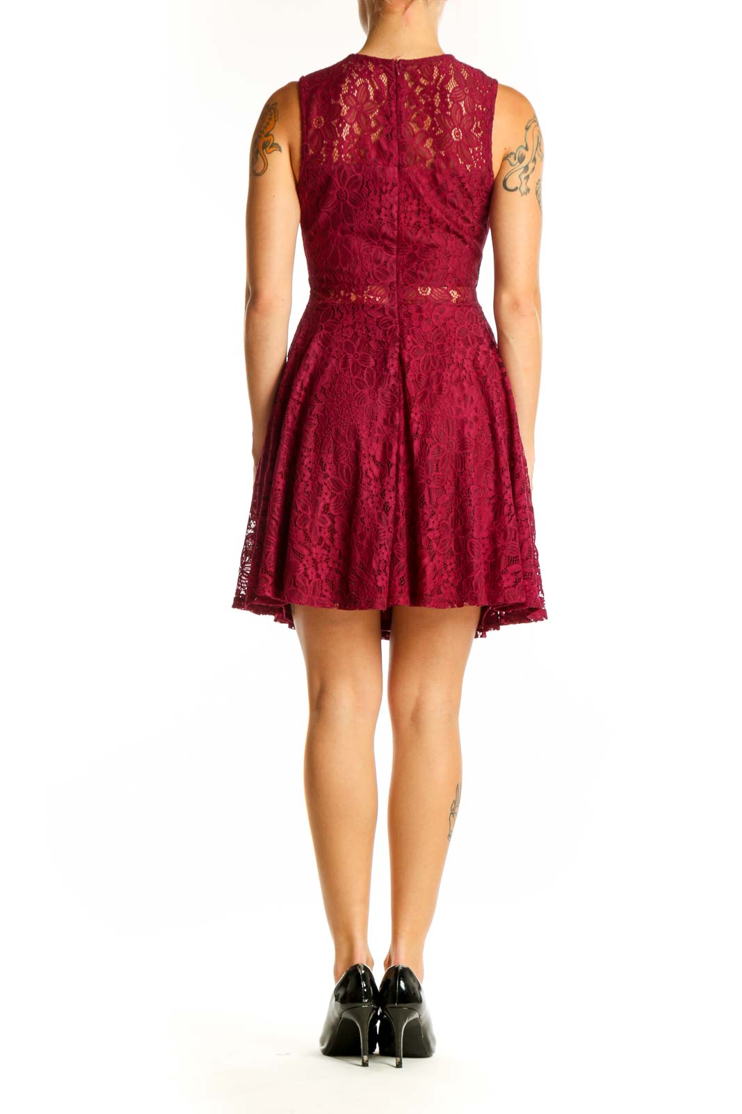 Side view of J.Crew burgundy lace sleeveless cocktail dress showing intricate lace pattern