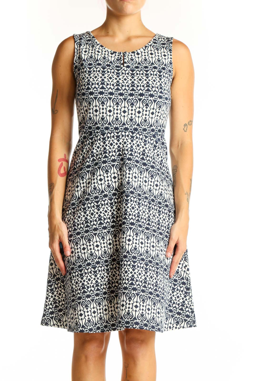 Front view of Talbots navy floral print sleeveless A-line dress