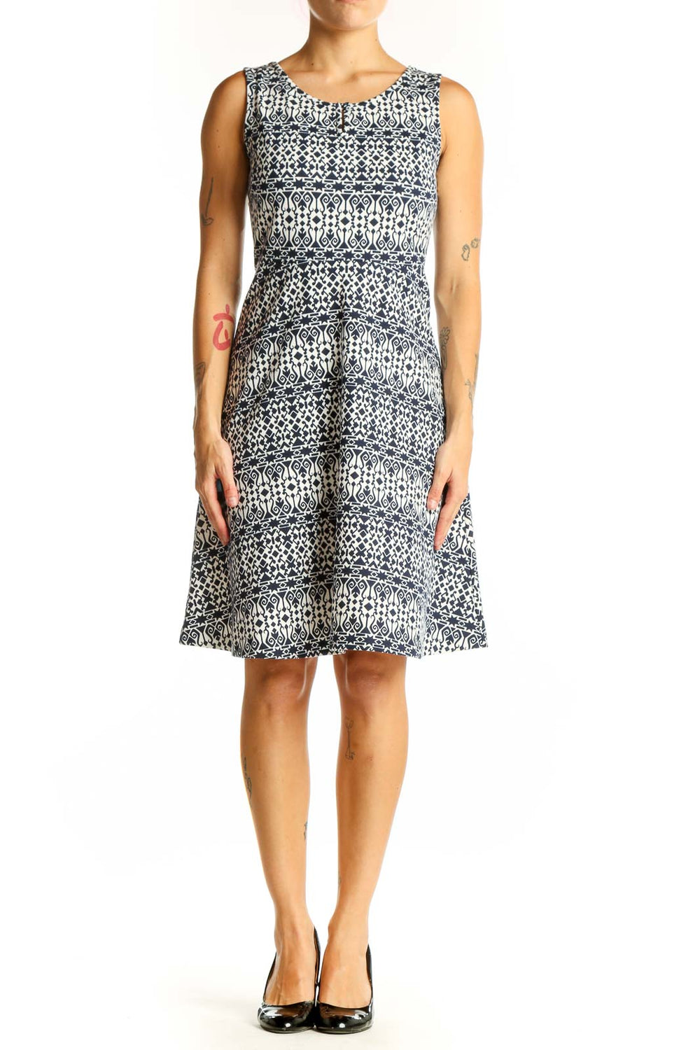 Front view of Talbots navy floral print sleeveless A-line dress