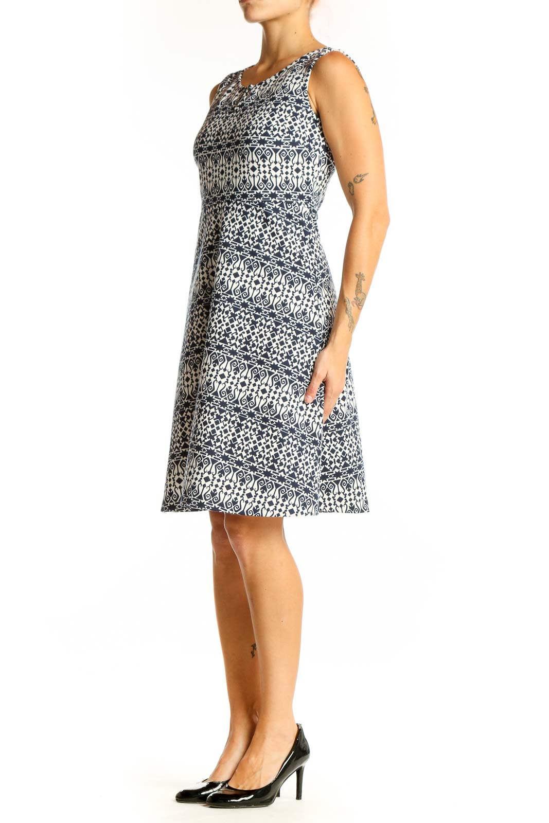 Front view of Talbots navy floral print sleeveless A-line dress
