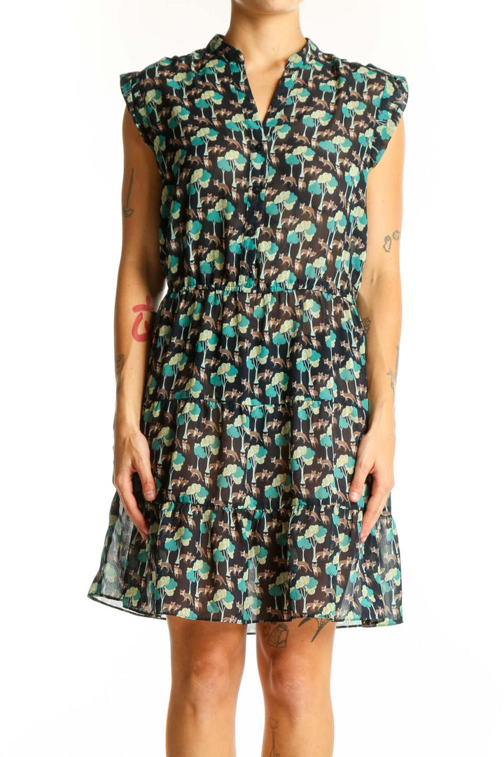 Front view of Gap green floral print sleeveless dress with V-neck and tiered skirt