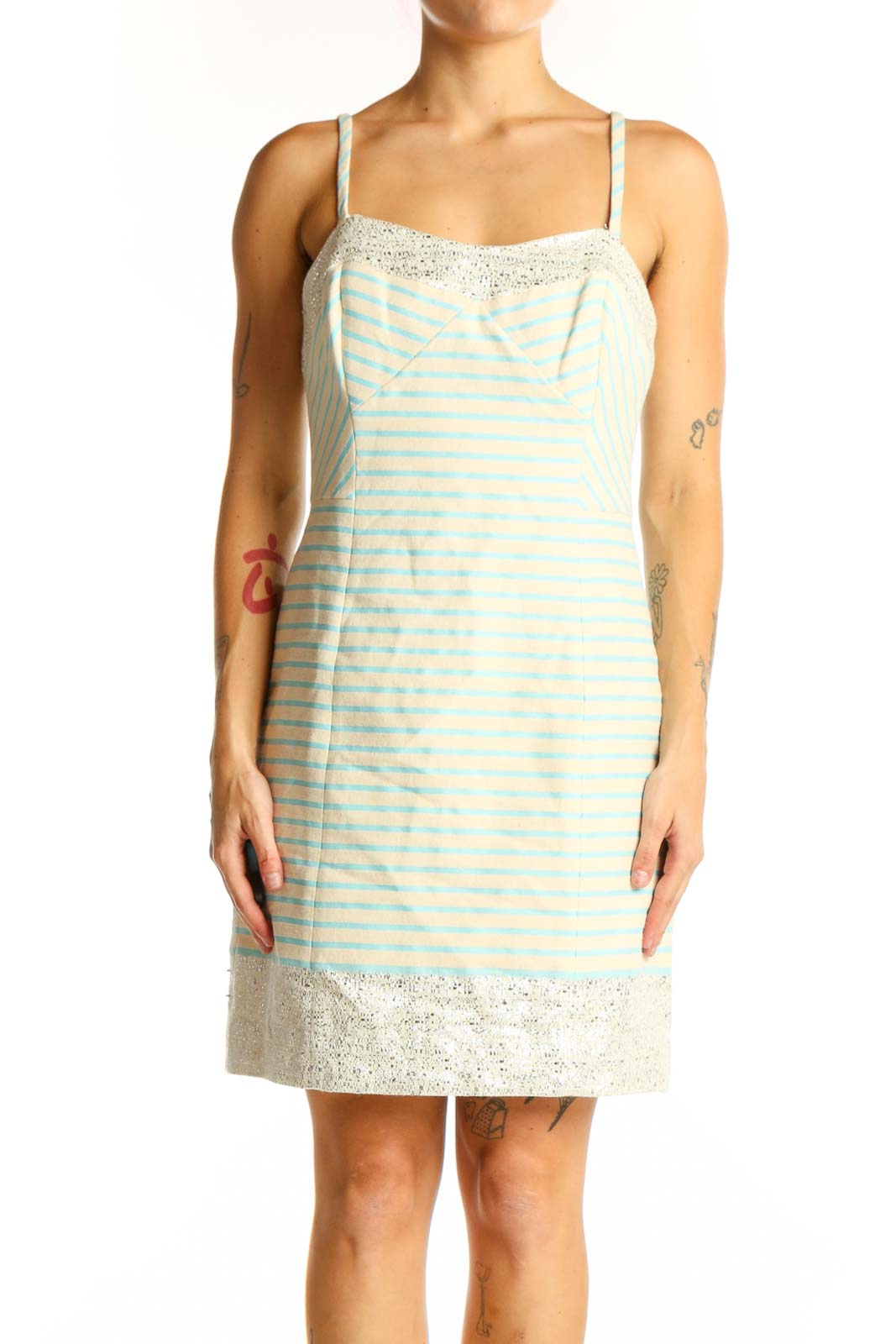 Front view of Lilly Pulitzer mint green striped sundress with lace trim
