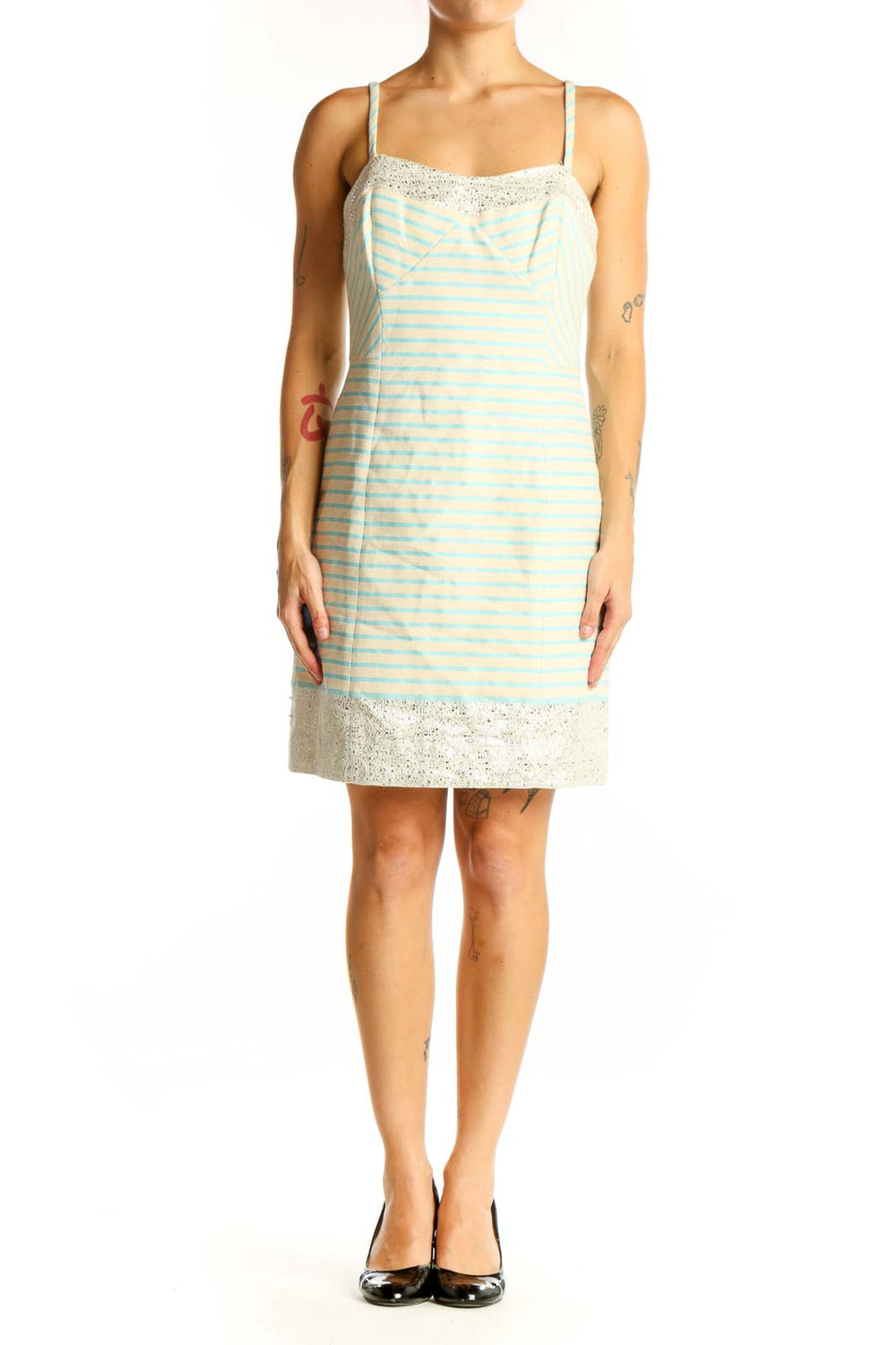 Front view of Lilly Pulitzer mint green striped sundress with lace trim