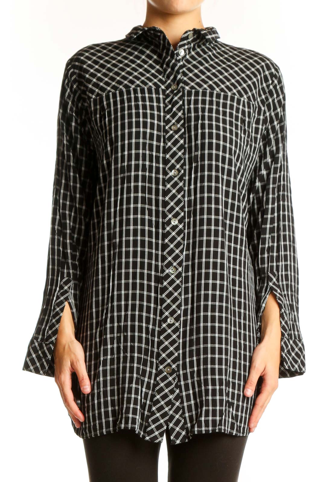 Front view of J.Jill black and white plaid button-up tunic