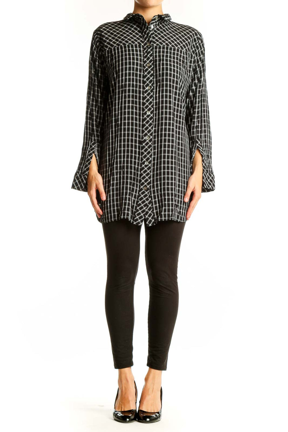 Front view of J.Jill black and white plaid button-up tunic