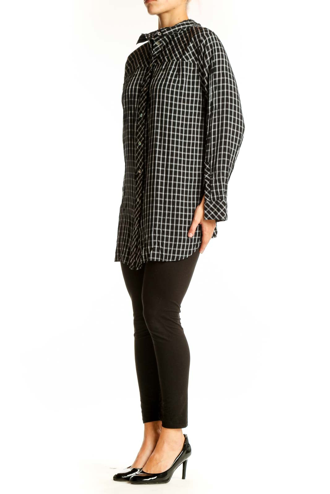 Front view of J.Jill black and white plaid button-up tunic