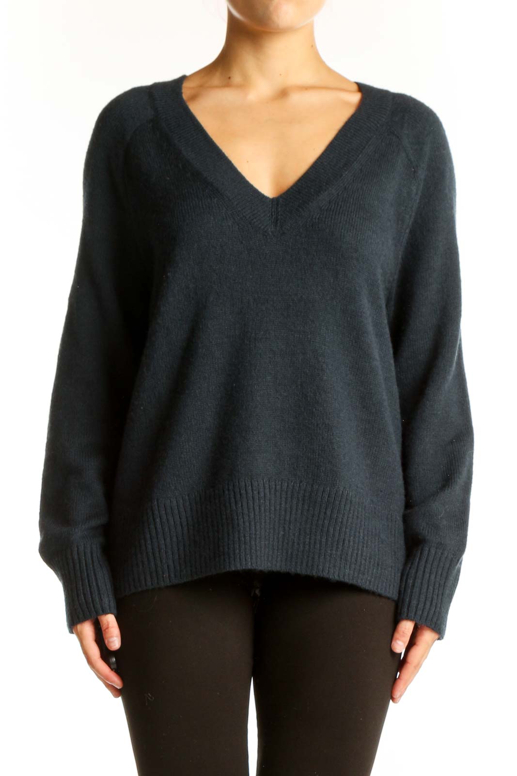 Front view of Banana Republic dark green V-neck knit sweater