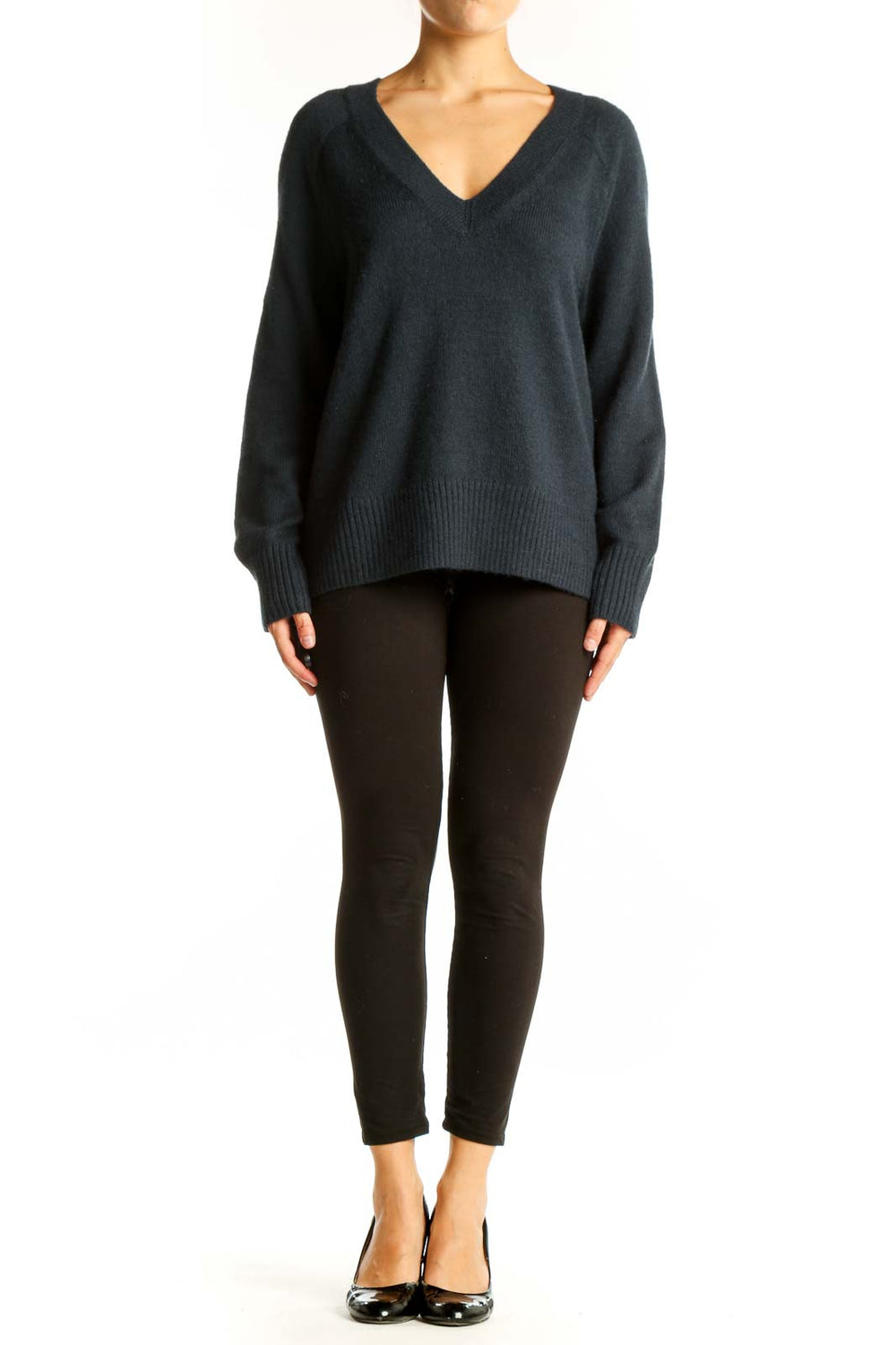 Front view of Banana Republic dark green V-neck knit sweater