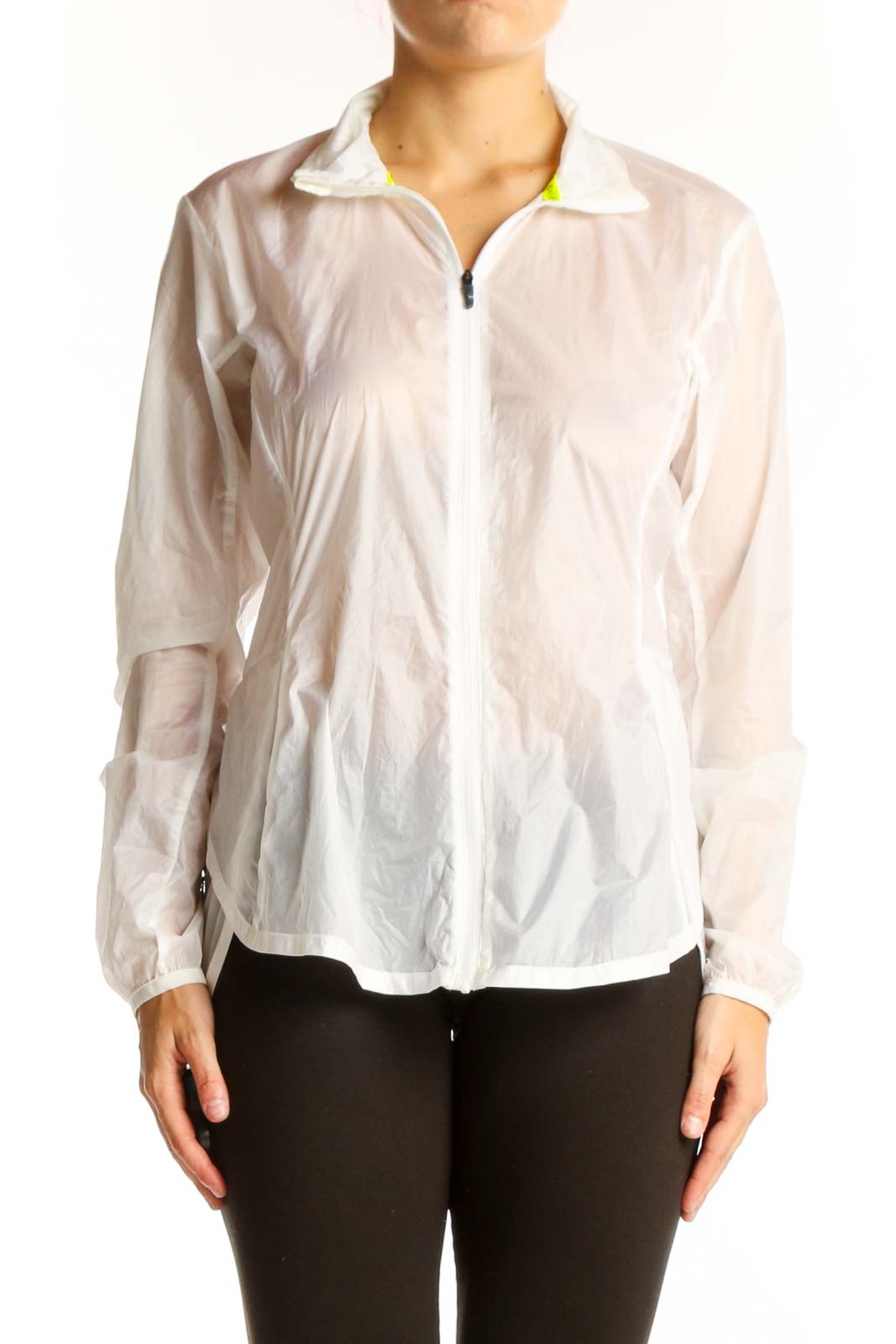 Front view of white Brooks activewear jacket with zip closure