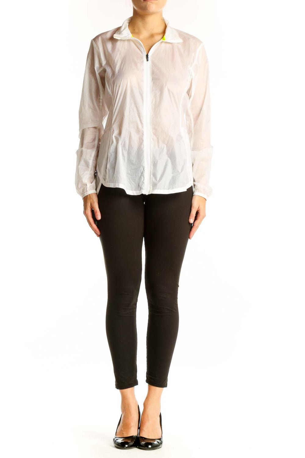 Front view of white Brooks activewear jacket with zip closure