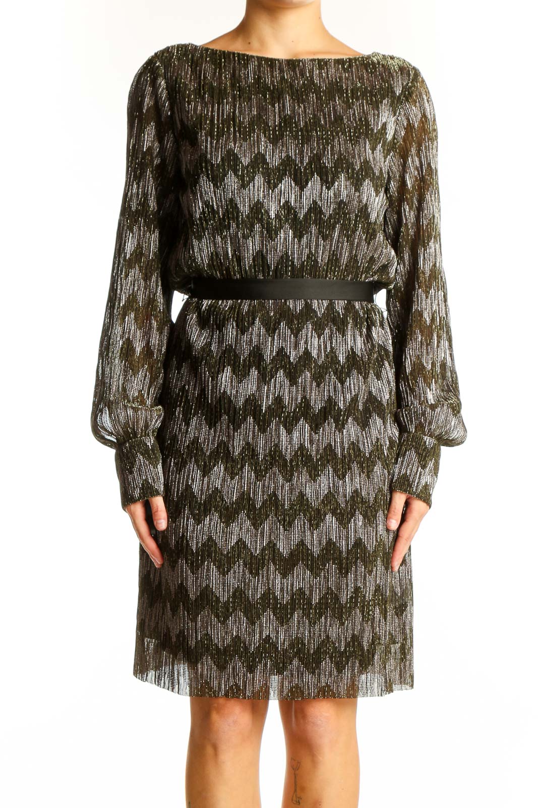Front view of metallic chevron blouson dress from Banana Republic