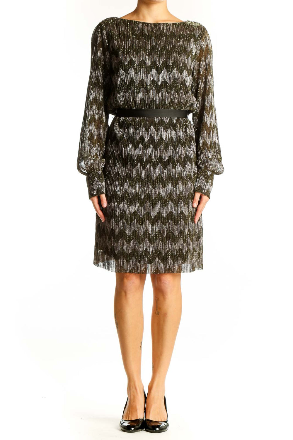 Front view of metallic chevron blouson dress from Banana Republic