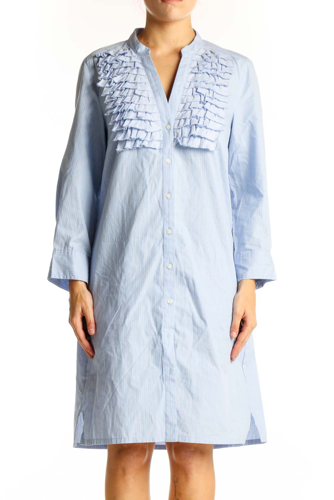 Front view of light blue Trulli cotton shirt dress with ruffled chest detail