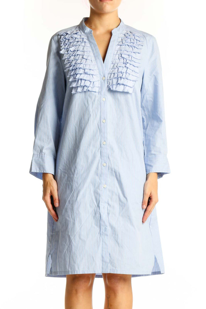 Front view of light blue Trulli cotton shirt dress with ruffled chest detail