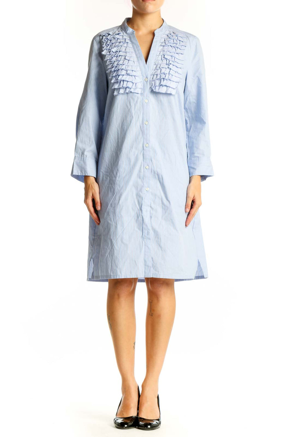 Front view of light blue Trulli cotton shirt dress with ruffled chest detail