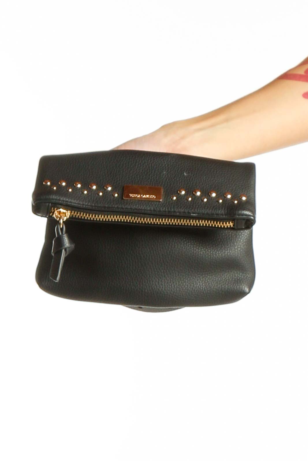 Front view of Vince Camuto black studded foldover crossbody bag