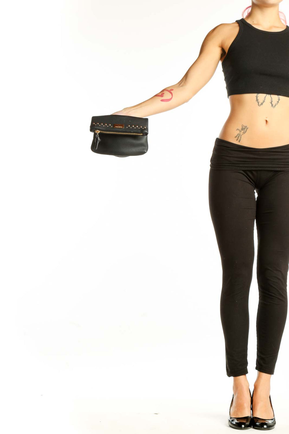 Front view of Vince Camuto black studded foldover crossbody bag