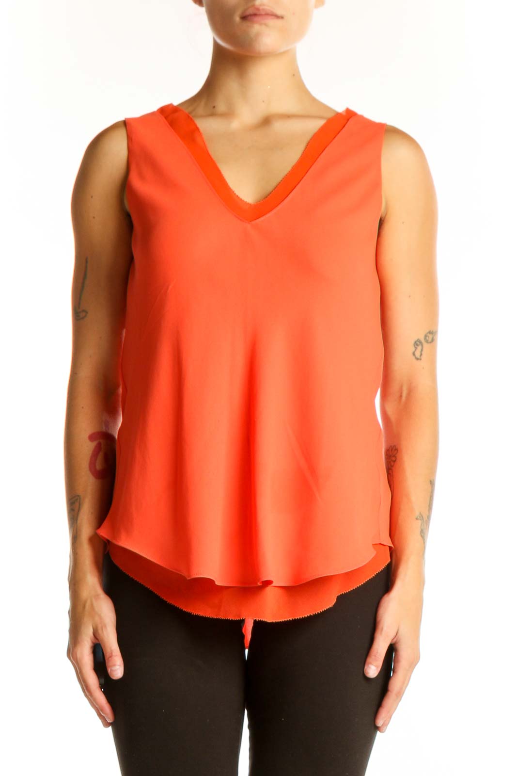 Front view of orange sleeveless V-neck top by RACHEL Rachel Roy