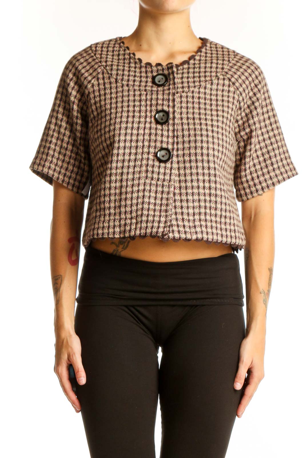 Front view of Nick & Mo brown houndstooth cropped jacket with three-button closure