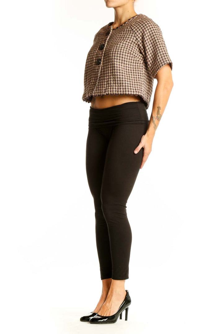 Front view of Nick & Mo brown houndstooth cropped jacket with three-button closure