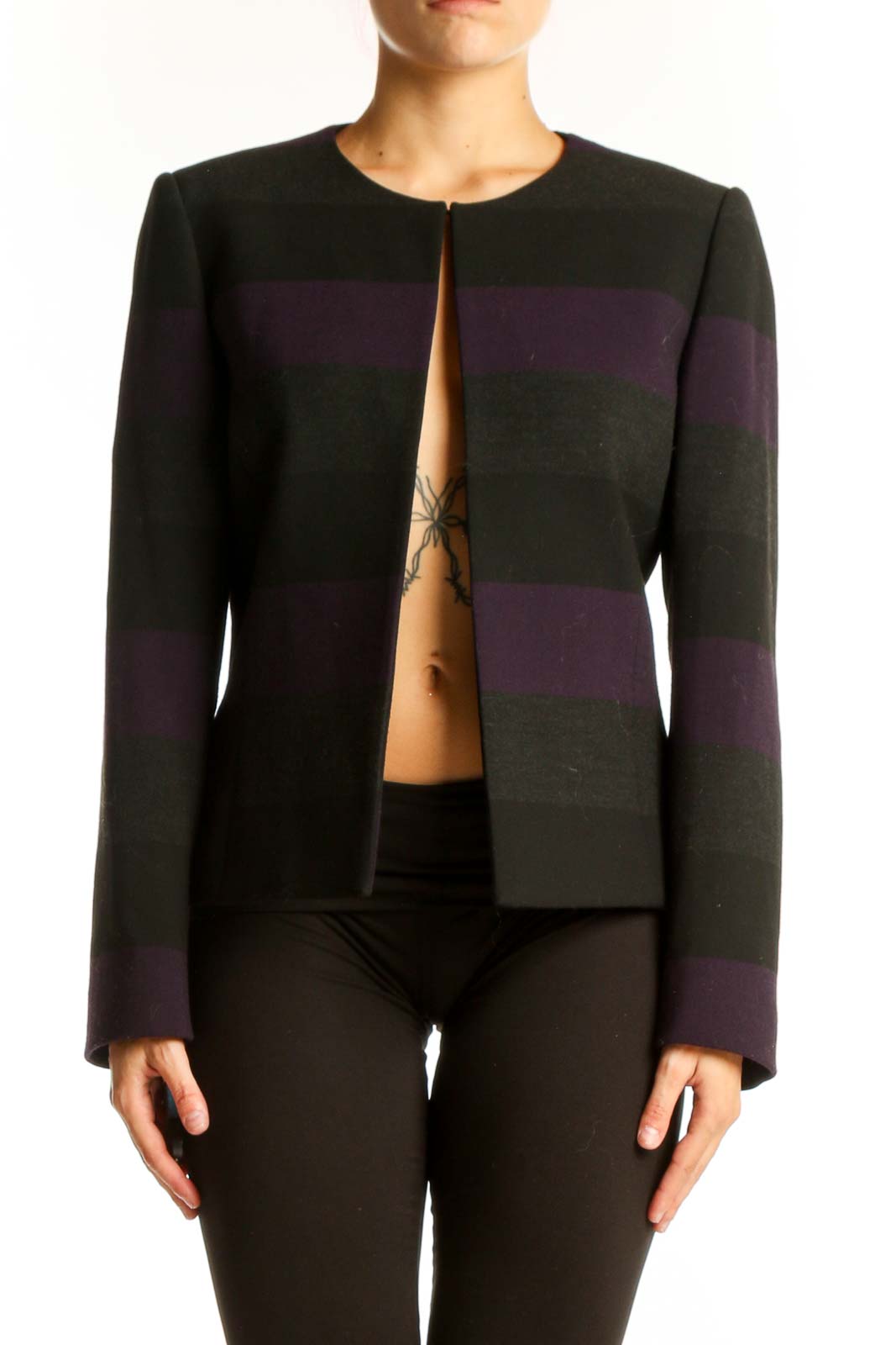 Front view of Tahari Arthur S. Levine Black and Purple Striped Open-Front Jacket