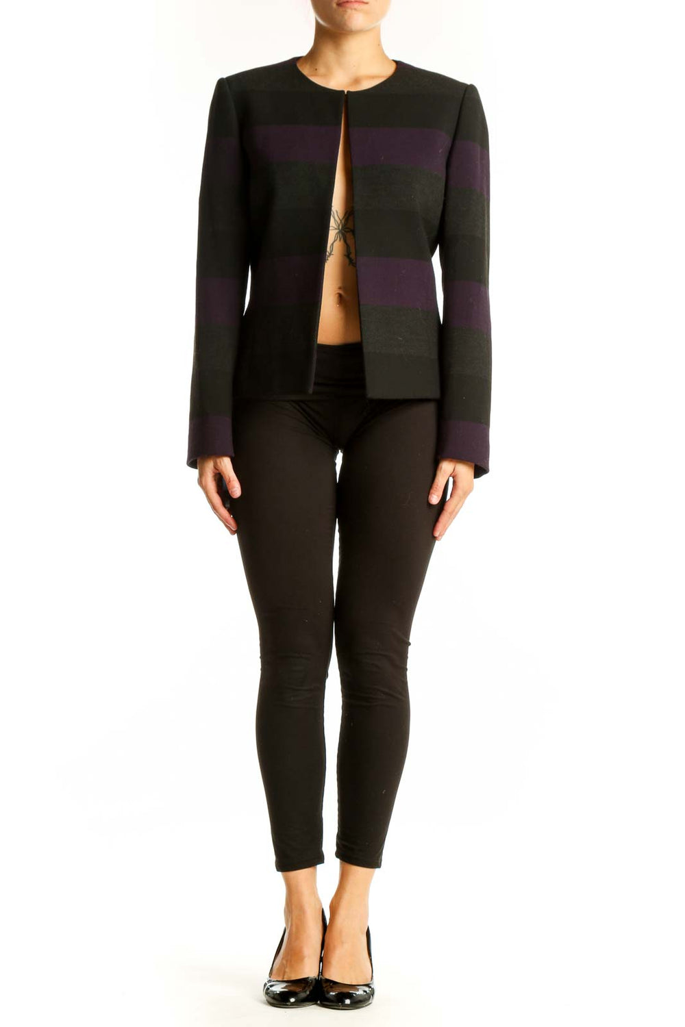 Front view of Tahari Arthur S. Levine Black and Purple Striped Open-Front Jacket