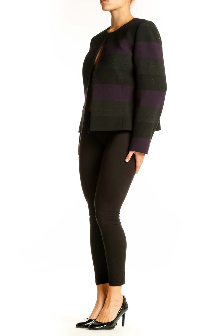 Front view of Tahari Arthur S. Levine Black and Purple Striped Open-Front Jacket